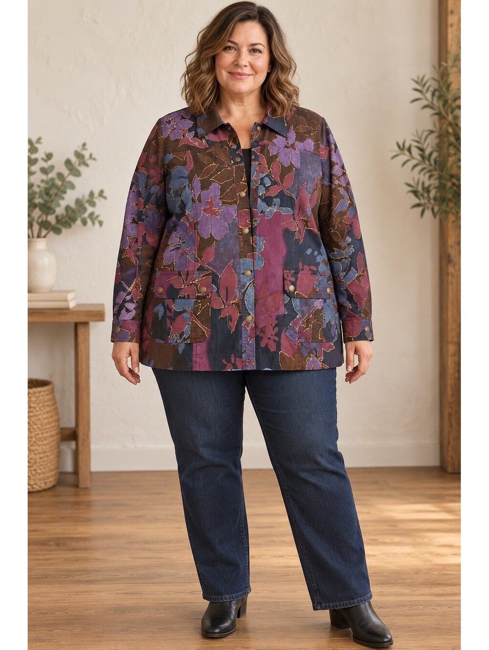 Coldwater Creek 18W Floral Snap Utility Jacket Art to Wear Boho Barn Chore Coat